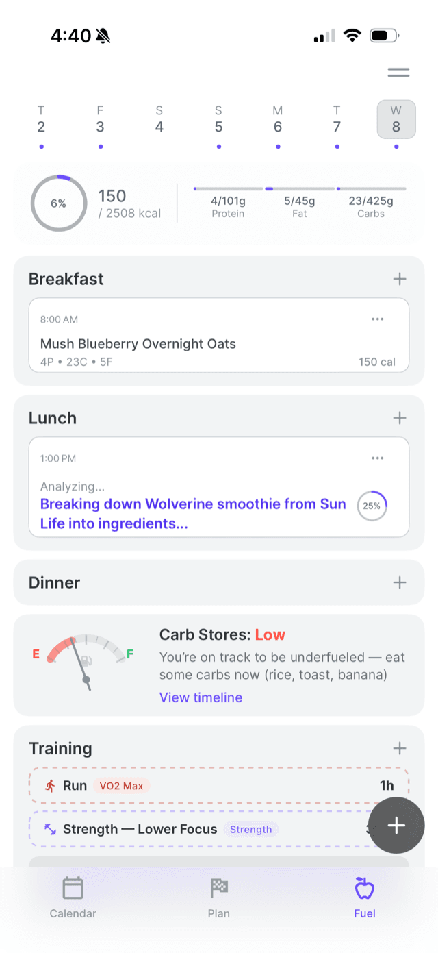 Draft app: adaptive plan, fuel targets, and training in one screen